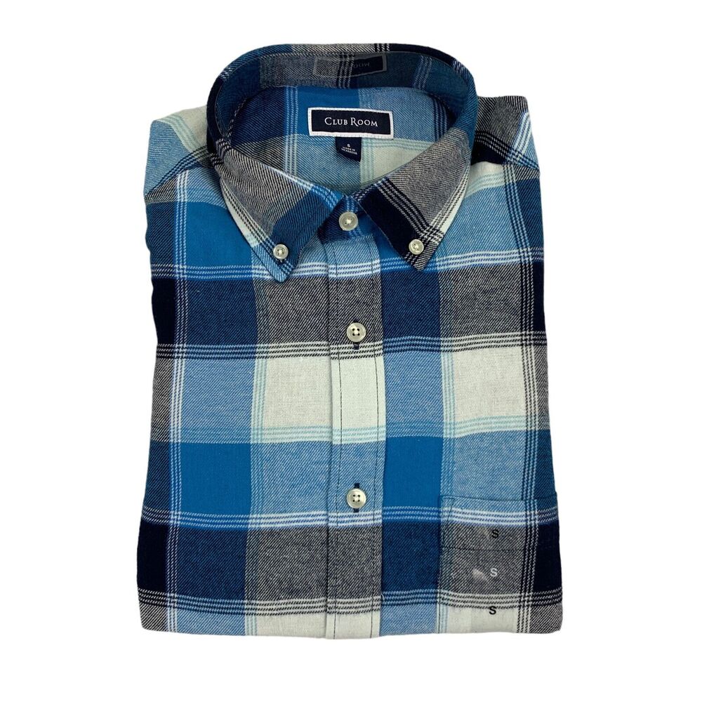 Club Room Mens Plaid Flannel Regular Fit Cotton Button Down Shirt Blue White S